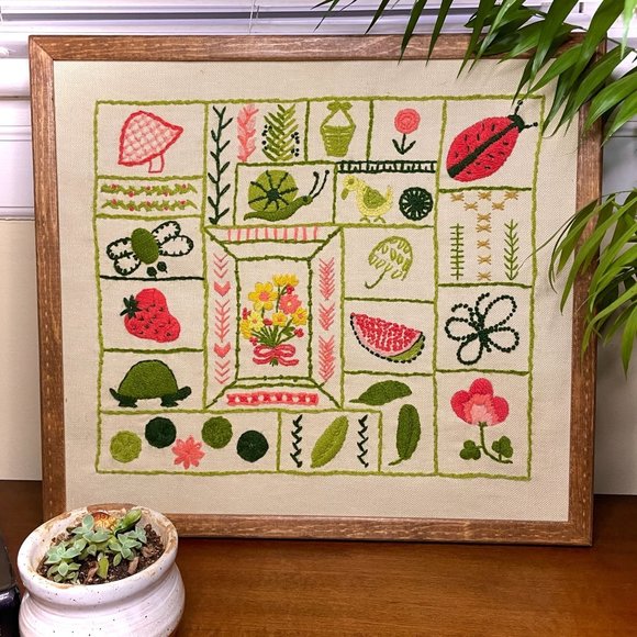 Vintage 1970s Crewel Embroidery Framed Pink Green Whimsical Nature Needlepoint - Picture 1 of 8